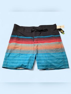 🆕️Burnside Black Board Shorts with Teal, Orange & Red Stripes Size 36